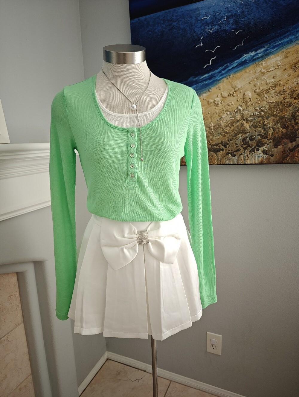 Women's Long Sleeve Tee Green White Ribbed Henley
